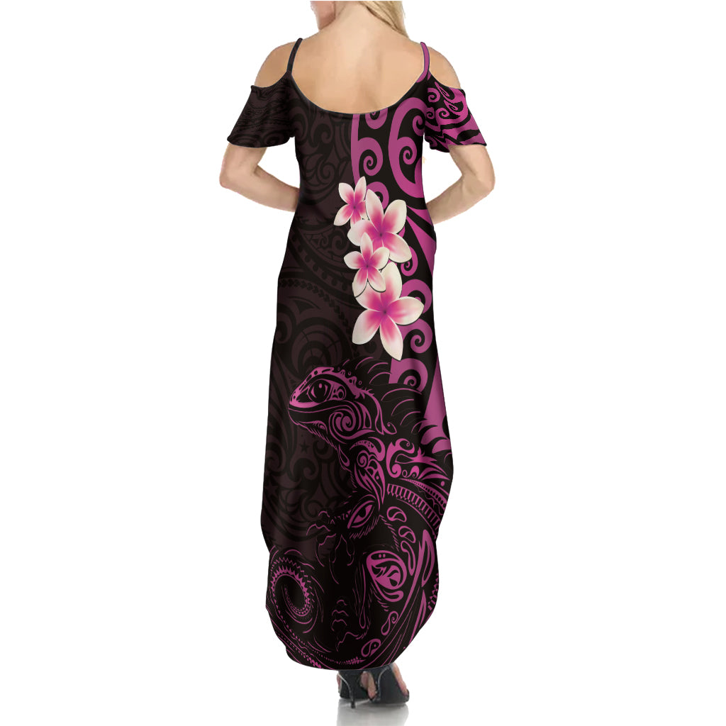 New Zealand Tuatara Plumeria Family Matching Summer Maxi Dress and Hawaiian Shirt Maori Pink Koru Tribal Tattoo LT01 - Polynesian Pride