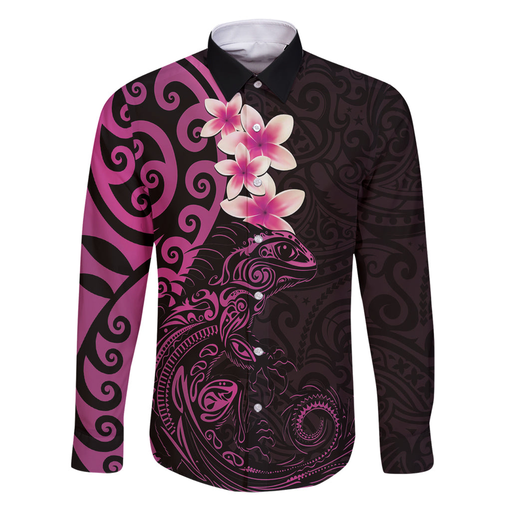 New Zealand Tuatara Plumeria Family Matching Tank Maxi Dress and Hawaiian Shirt Maori Pink Koru Tribal Tattoo LT01 Dad's Shirt - Long Sleeve Pink - Polynesian Pride