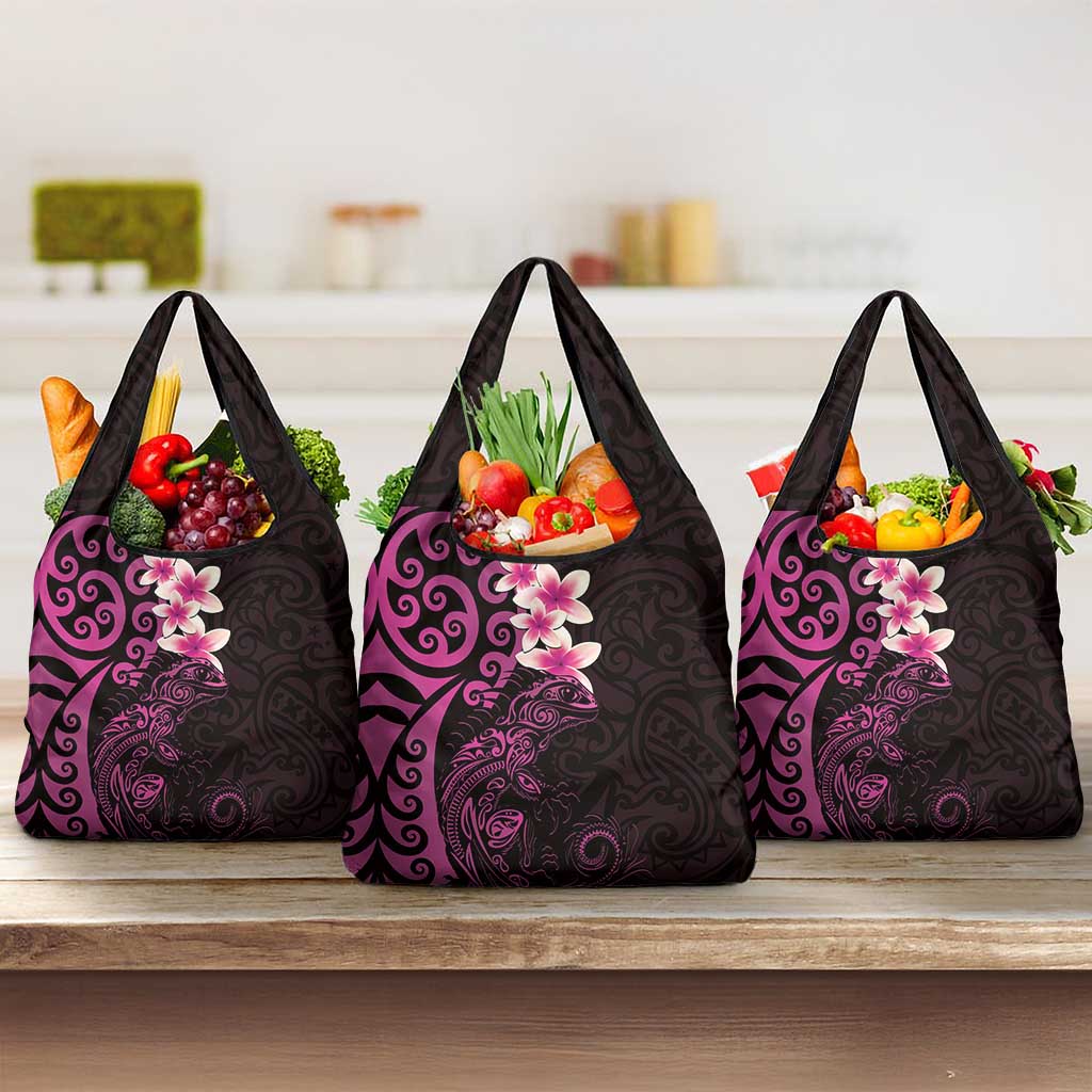 New Zealand Tuatara Plumeria Grocery Bag Maori Pink Koru Tribal Tattoo