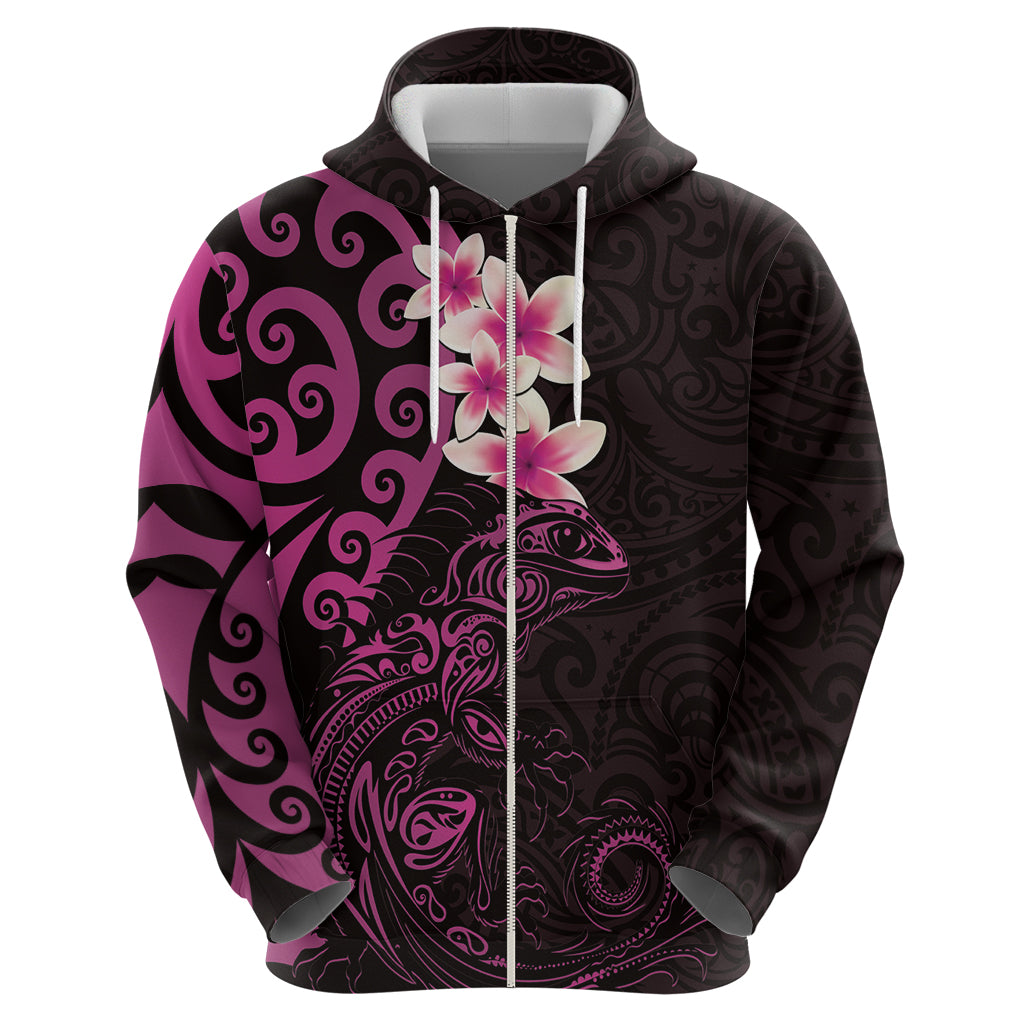 New Zealand Tuatara Plumeria Hoodie Maori Pink Koru Tribal Tattoo