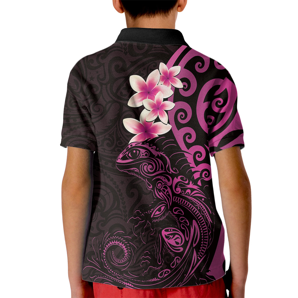 New Zealand Tuatara Plumeria Kid Polo Shirt Maori Pink Koru Tribal Tattoo