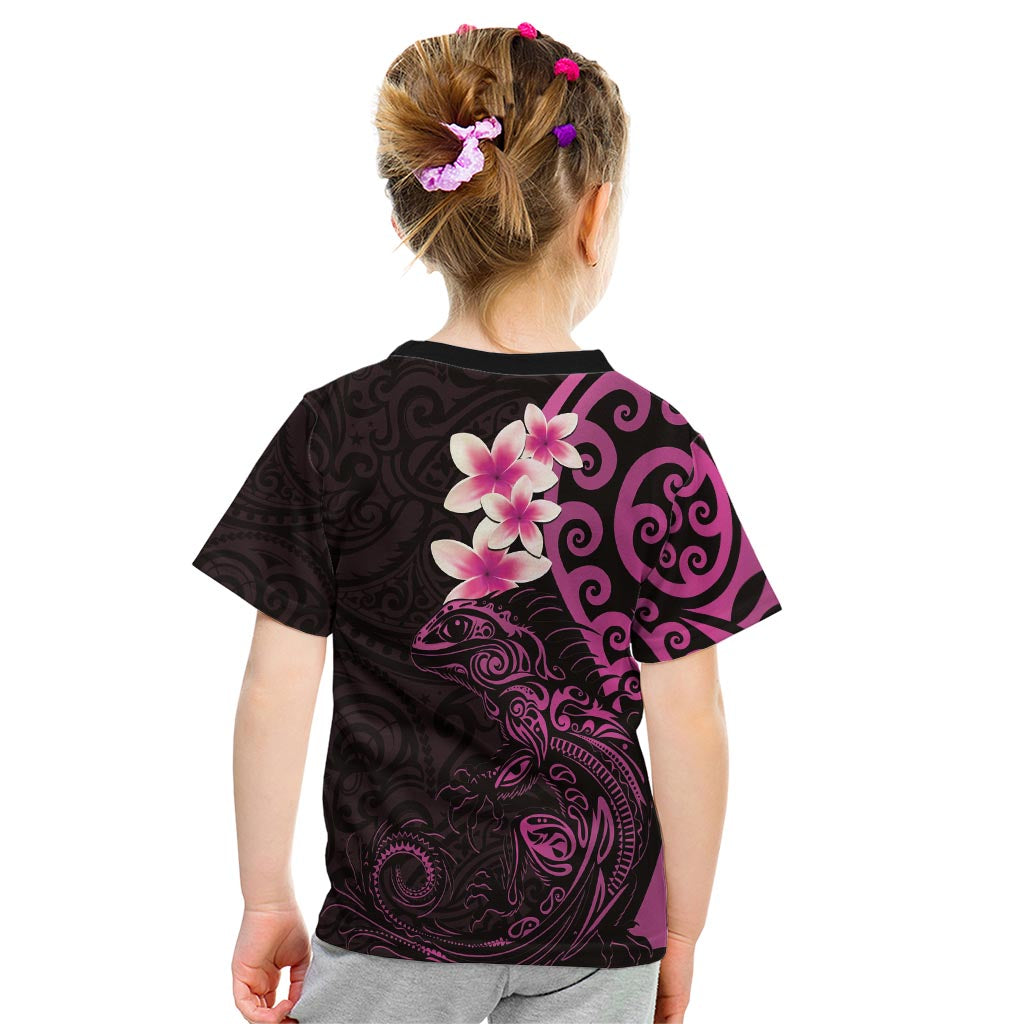 New Zealand Tuatara Plumeria Kid T Shirt Maori Pink Koru Tribal Tattoo