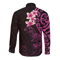New Zealand Tuatara Plumeria Long Sleeve Button Shirt Maori Pink Koru Tribal Tattoo