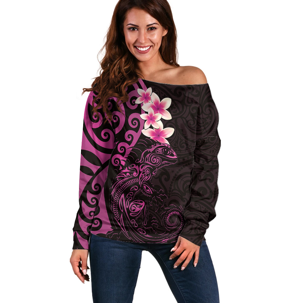 New Zealand Tuatara Plumeria Off Shoulder Sweater Maori Pink Koru Tribal Tattoo