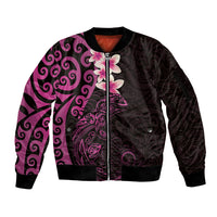 New Zealand Tuatara Plumeria Sleeve Zip Bomber Jacket Maori Pink Koru Tribal Tattoo