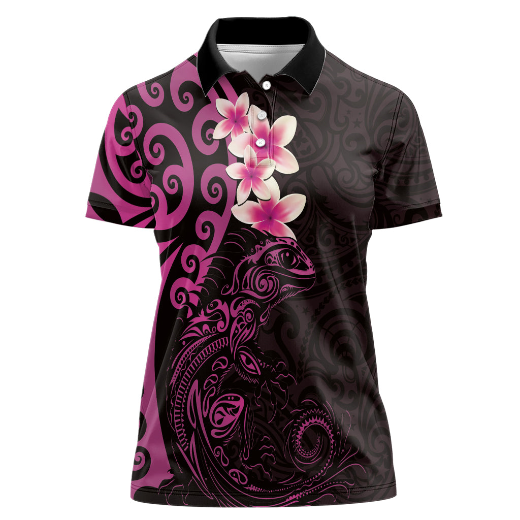 New Zealand Tuatara Plumeria Women Polo Shirt Maori Pink Koru Tribal Tattoo