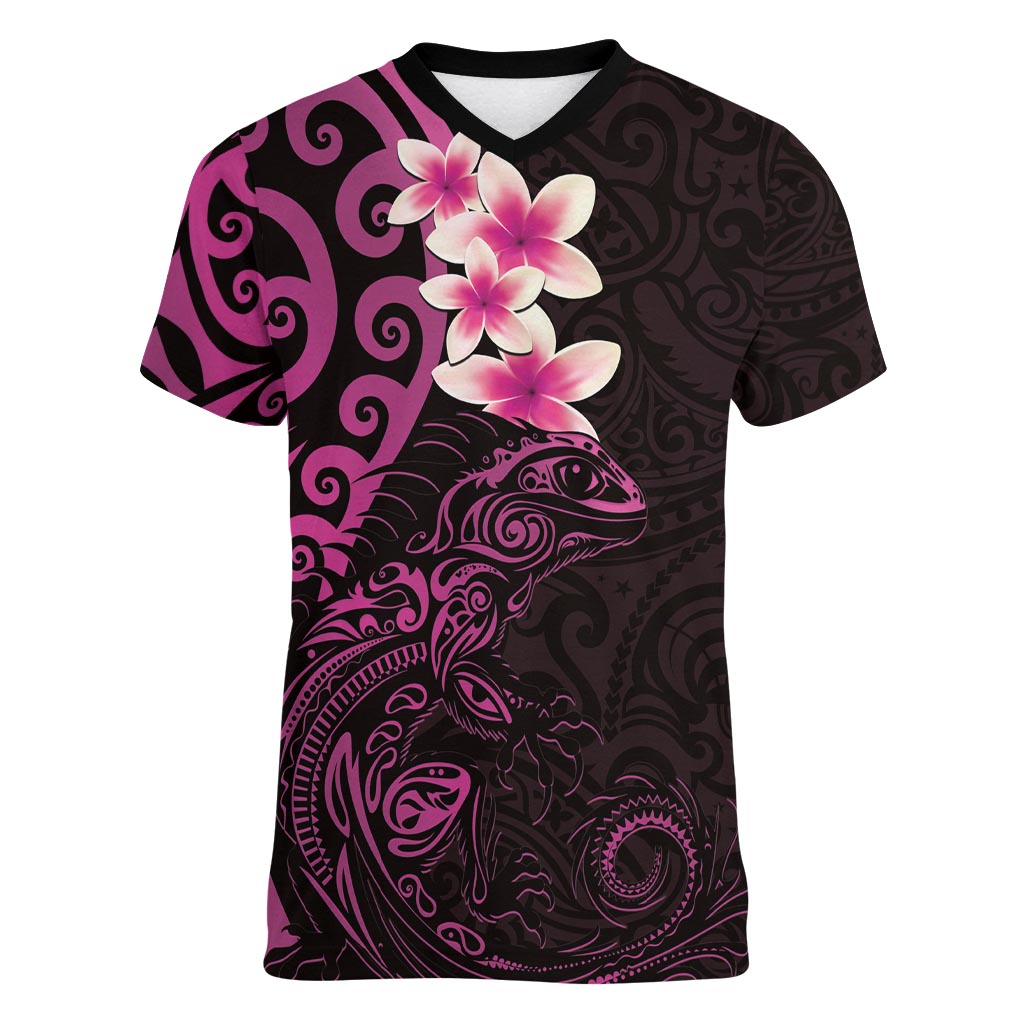 New Zealand Tuatara Plumeria Women V-Neck T-Shirt Maori Pink Koru Tribal Tattoo LT01 Female Pink - Polynesian Pride