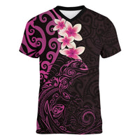 New Zealand Tuatara Plumeria Women V-Neck T-Shirt Maori Pink Koru Tribal Tattoo LT01 Female Pink - Polynesian Pride
