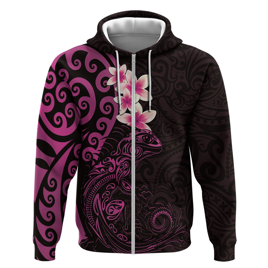 New Zealand Tuatara Plumeria Zip Hoodie Maori Pink Koru Tribal Tattoo