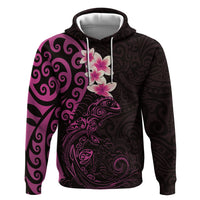 New Zealand Tuatara Plumeria Zip Hoodie Maori Pink Koru Tribal Tattoo