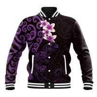 New Zealand Tuatara Plumeria Baseball Jacket Maori Purple Koru Tribal Tattoo LT01 Unisex Purple - Polynesian Pride