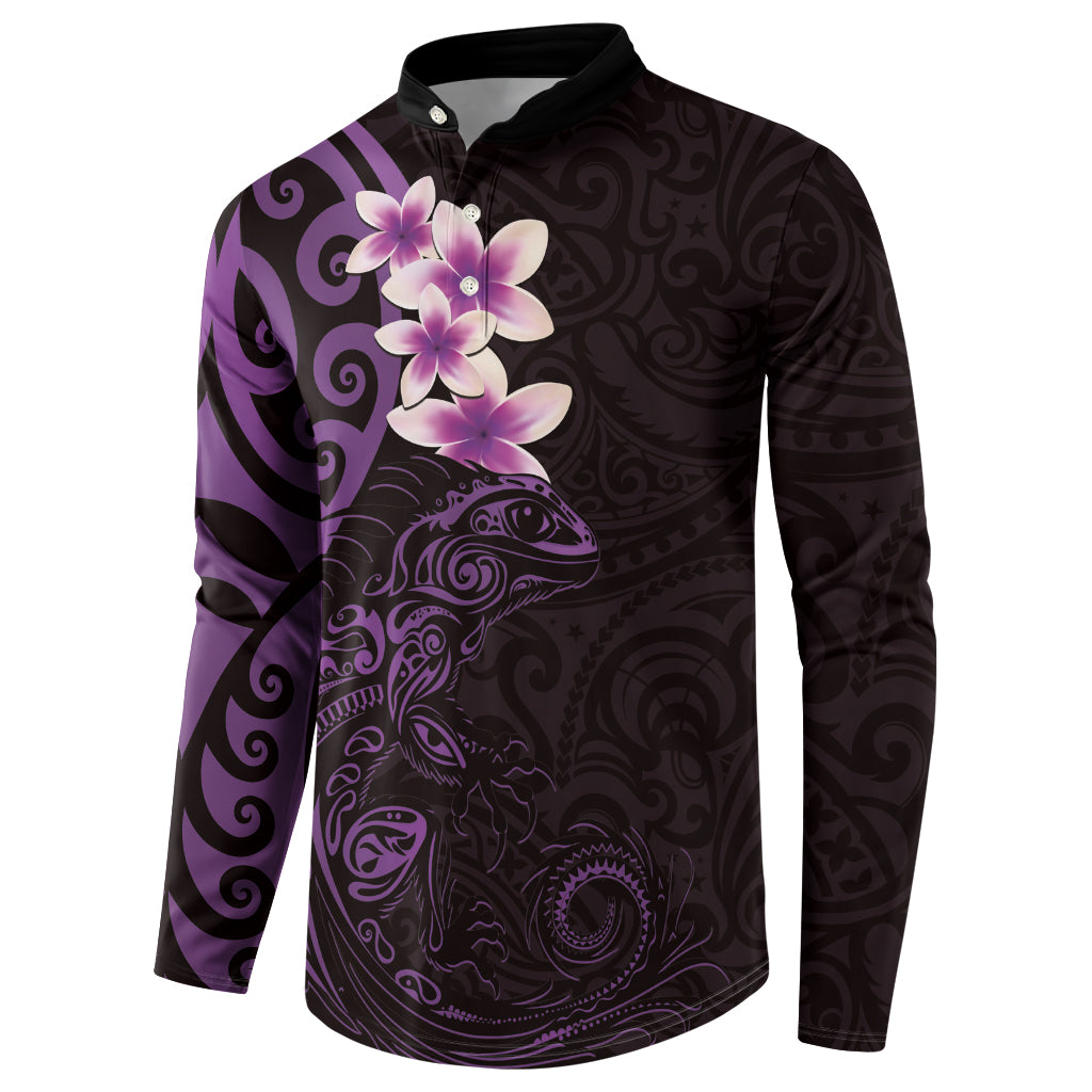 New Zealand Tuatara Plumeria Button Sweatshirt Maori Purple Koru Tribal Tattoo LT01 - Polynesian Pride