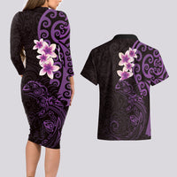 New Zealand Tuatara Plumeria Couples Matching Long Sleeve Bodycon Dress and Hawaiian Shirt Maori Purple Koru Tribal Tattoo