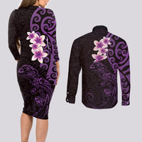 New Zealand Tuatara Plumeria Couples Matching Long Sleeve Bodycon Dress and Long Sleeve Button Shirt Maori Purple Koru Tribal Tattoo LT01 - Polynesian Pride