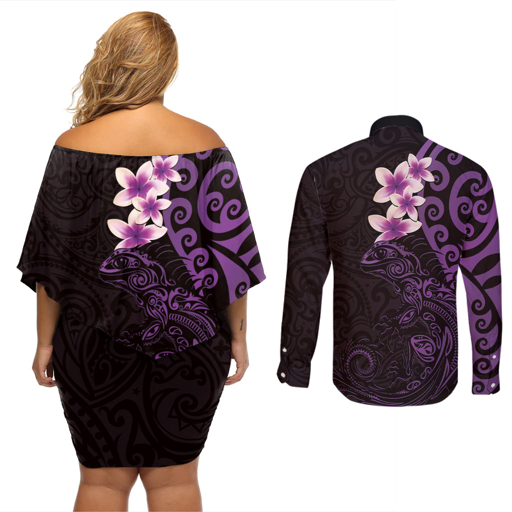 New Zealand Tuatara Plumeria Couples Matching Off Shoulder Short Dress and Long Sleeve Button Shirt Maori Purple Koru Tribal Tattoo LT01 - Polynesian Pride