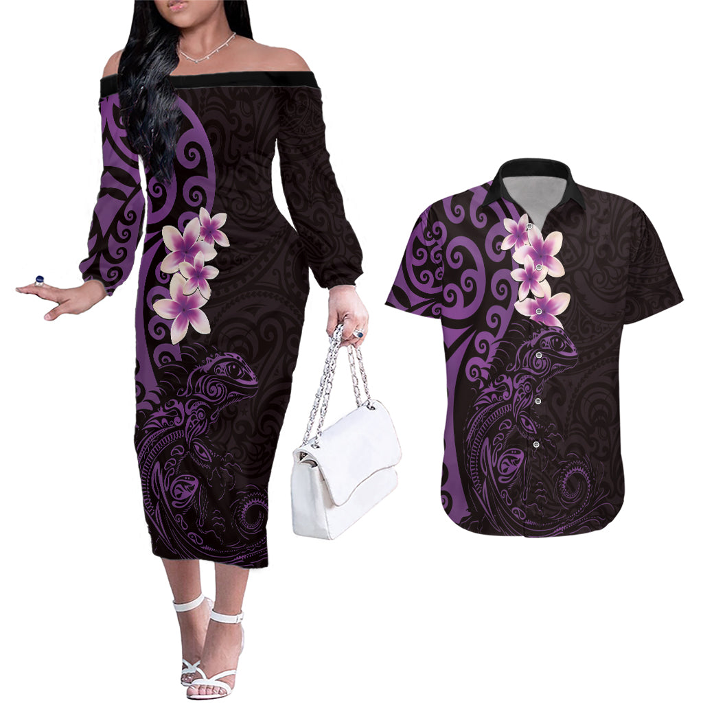 New Zealand Tuatara Plumeria Couples Matching Off The Shoulder Long Sleeve Dress and Hawaiian Shirt Maori Purple Koru Tribal Tattoo