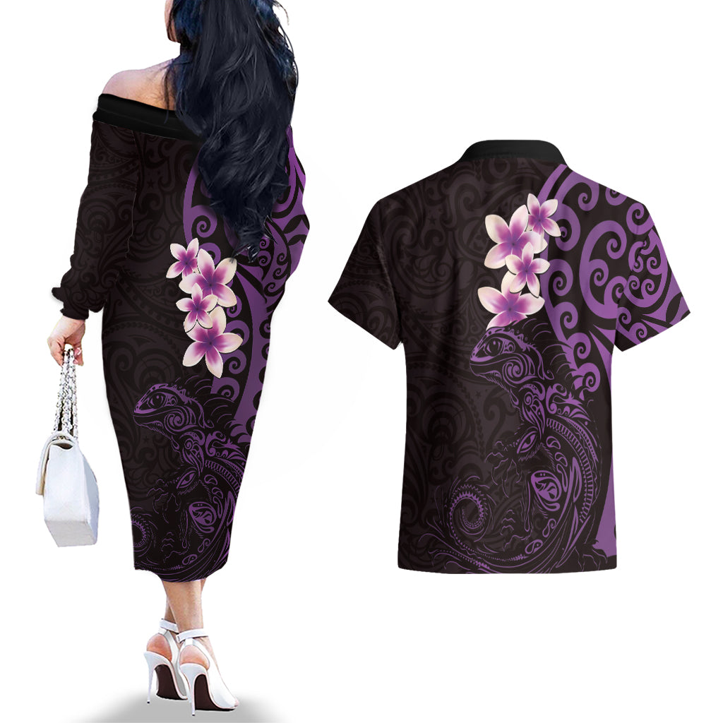 New Zealand Tuatara Plumeria Couples Matching Off The Shoulder Long Sleeve Dress and Hawaiian Shirt Maori Purple Koru Tribal Tattoo