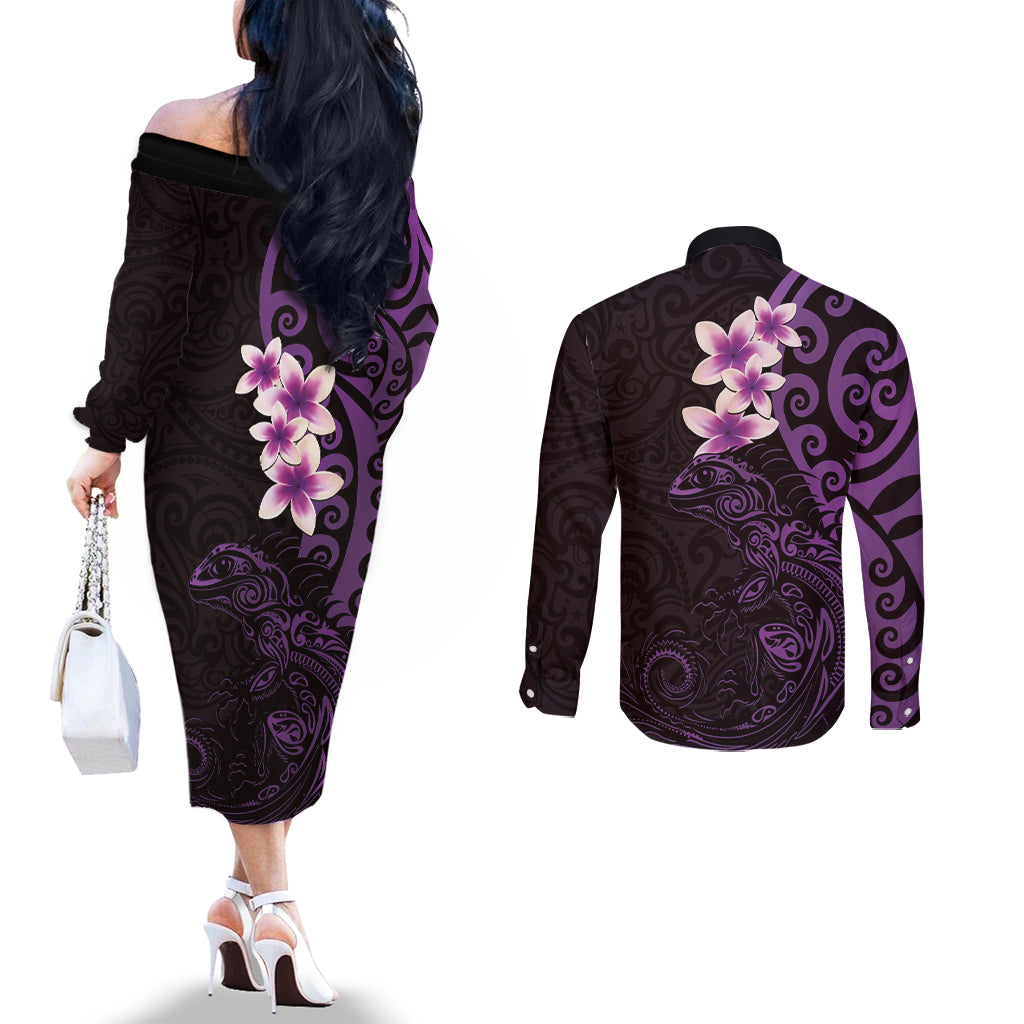 New Zealand Tuatara Plumeria Couples Matching Off The Shoulder Long Sleeve Dress and Long Sleeve Button Shirt Maori Purple Koru Tribal Tattoo LT01 - Polynesian Pride