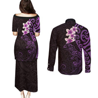 New Zealand Tuatara Plumeria Couples Matching Puletasi and Long Sleeve Button Shirt Maori Purple Koru Tribal Tattoo LT01 - Polynesian Pride