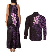 New Zealand Tuatara Plumeria Couples Matching Tank Maxi Dress and Long Sleeve Button Shirt Maori Purple Koru Tribal Tattoo LT01 - Polynesian Pride