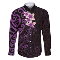 New Zealand Tuatara Plumeria Family Matching Mermaid Dress and Hawaiian Shirt Maori Purple Koru Tribal Tattoo LT01 Dad's Shirt - Long Sleeve Purple - Polynesian Pride