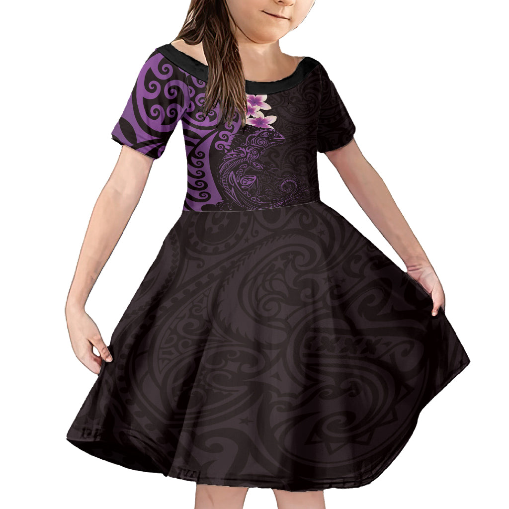 New Zealand Tuatara Plumeria Family Matching Off Shoulder Short Dress and Hawaiian Shirt Maori Purple Koru Tribal Tattoo LT01 Daughter's Dress Purple - Polynesian Pride