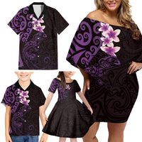 New Zealand Tuatara Plumeria Family Matching Off Shoulder Short Dress and Hawaiian Shirt Maori Purple Koru Tribal Tattoo LT01 - Polynesian Pride