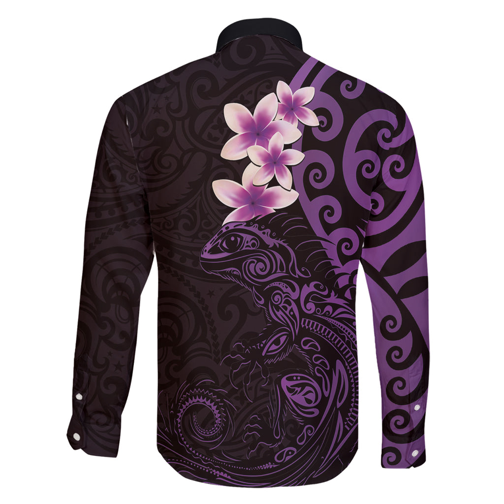 New Zealand Tuatara Plumeria Family Matching Off Shoulder Short Dress and Hawaiian Shirt Maori Purple Koru Tribal Tattoo LT01 - Polynesian Pride
