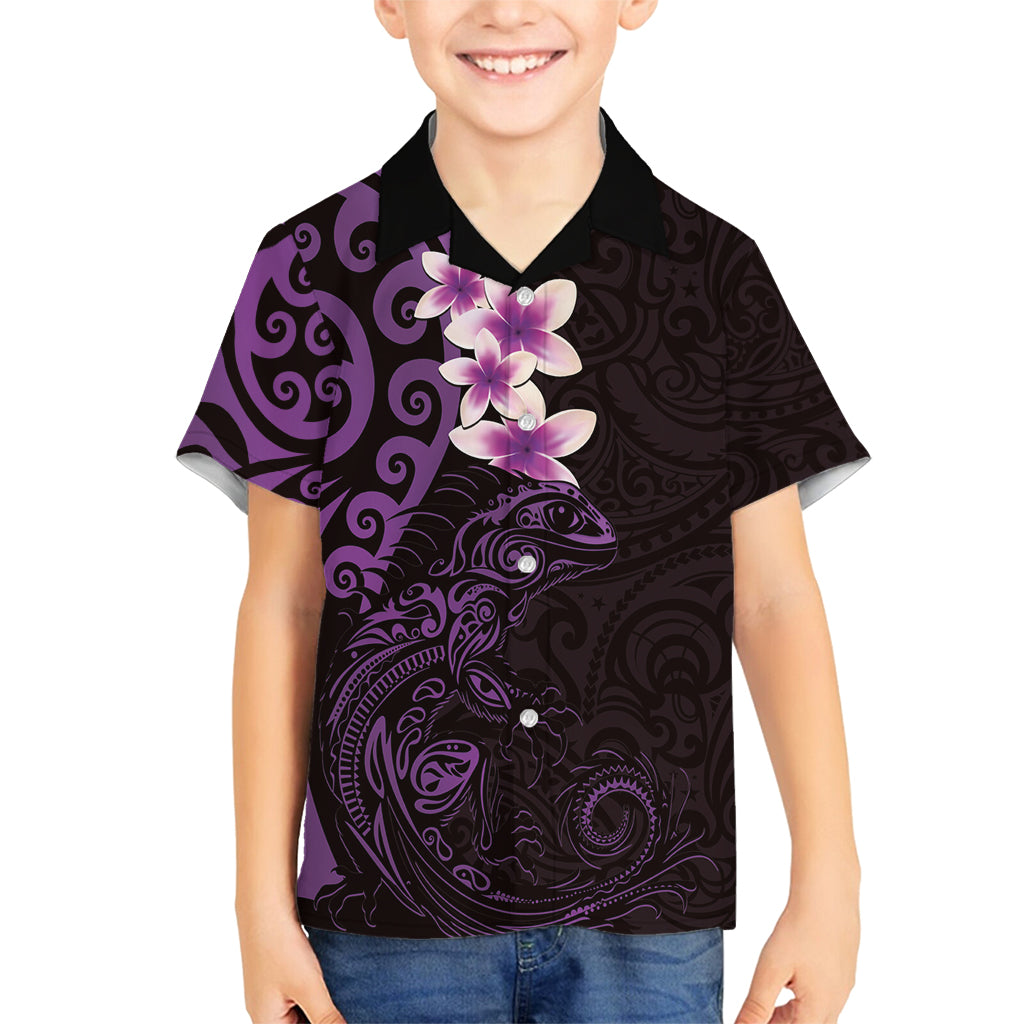 New Zealand Tuatara Plumeria Family Matching Off Shoulder Short Dress and Hawaiian Shirt Maori Purple Koru Tribal Tattoo LT01 Son's Shirt Purple - Polynesian Pride