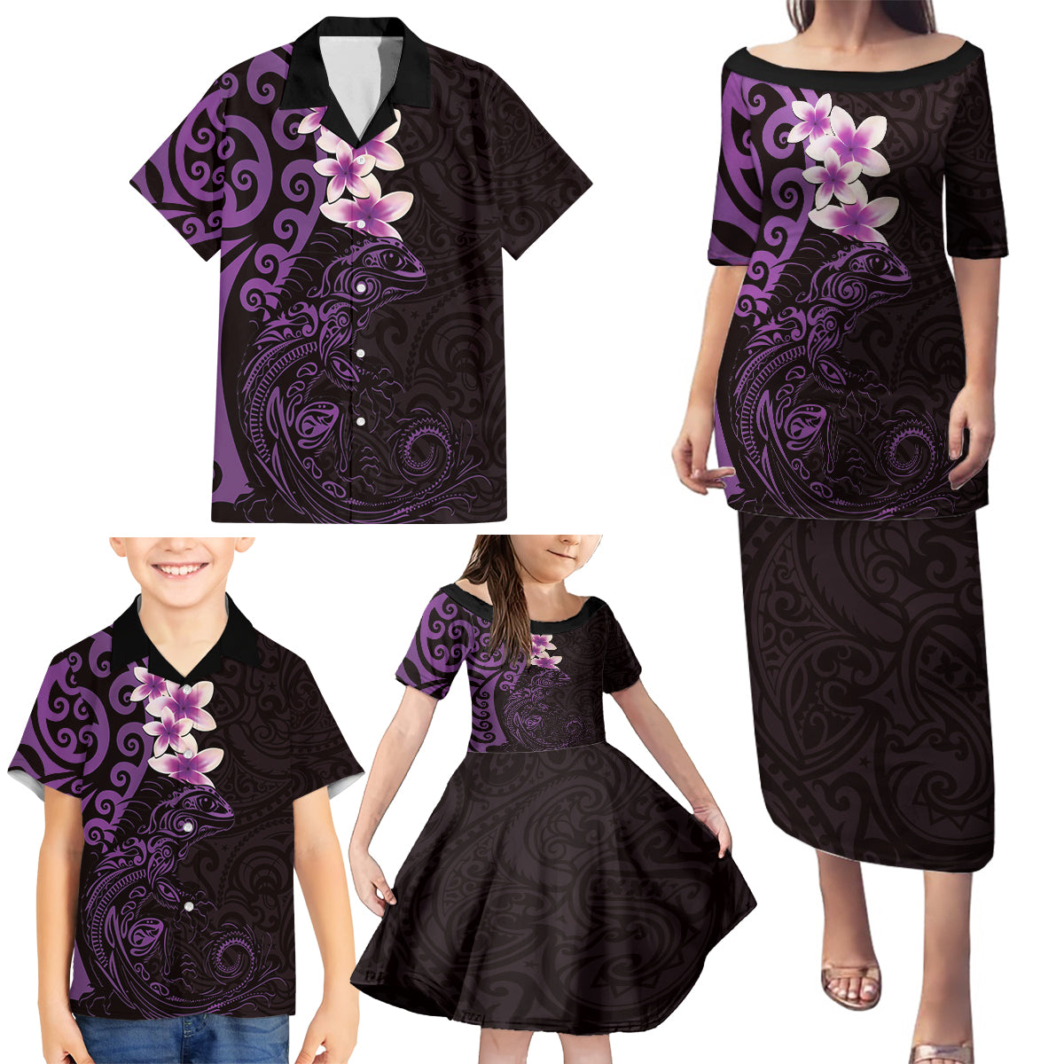 New Zealand Tuatara Plumeria Family Matching Puletasi and Hawaiian Shirt Maori Purple Koru Tribal Tattoo LT01 - Polynesian Pride