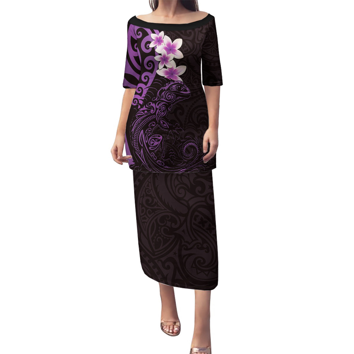 New Zealand Tuatara Plumeria Family Matching Puletasi and Hawaiian Shirt Maori Purple Koru Tribal Tattoo LT01 Mom's Dress Purple - Polynesian Pride