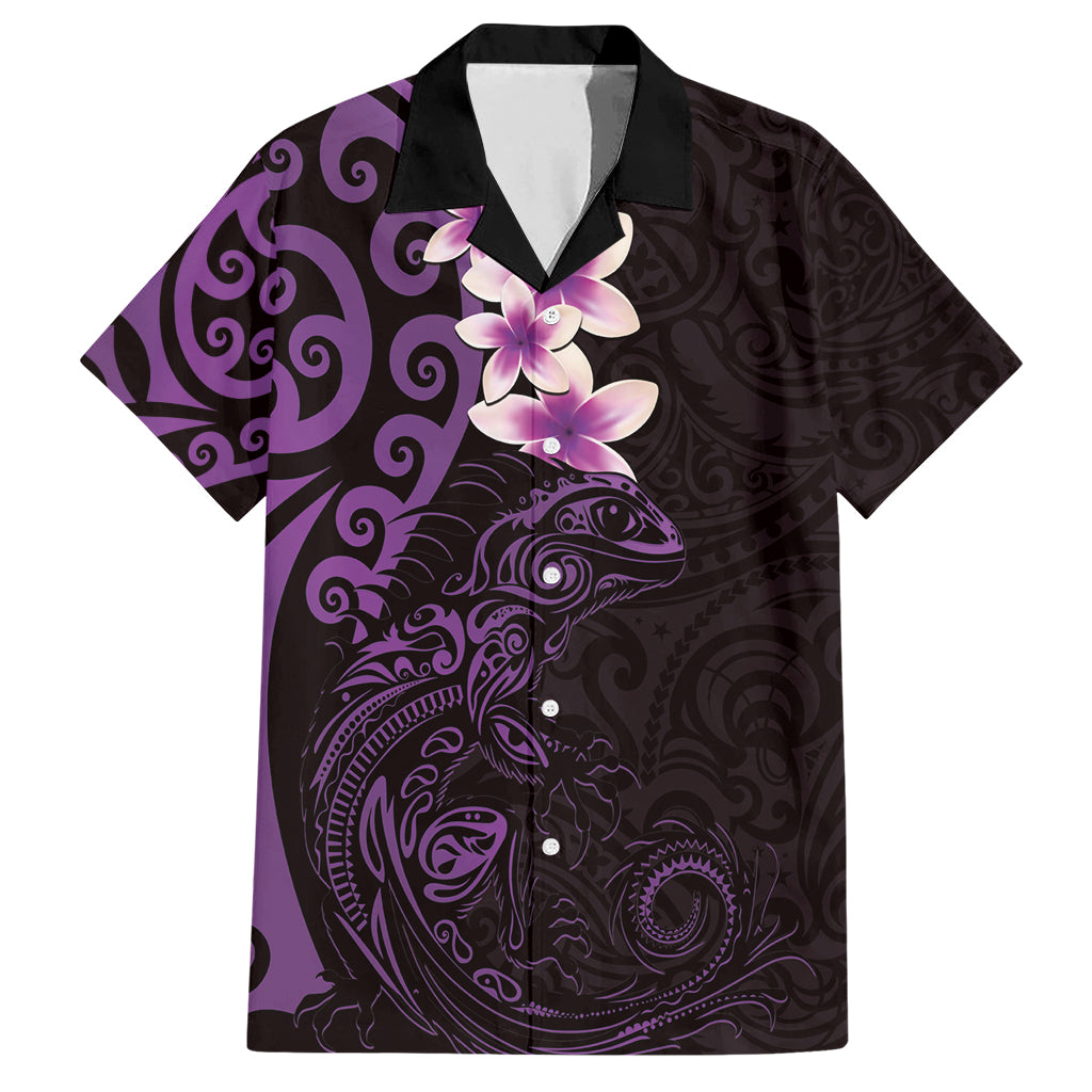 New Zealand Tuatara Plumeria Family Matching Short Sleeve Bodycon Dress and Hawaiian Shirt Maori Purple Koru Tribal Tattoo LT01 Dad's Shirt - Short Sleeve Purple - Polynesian Pride