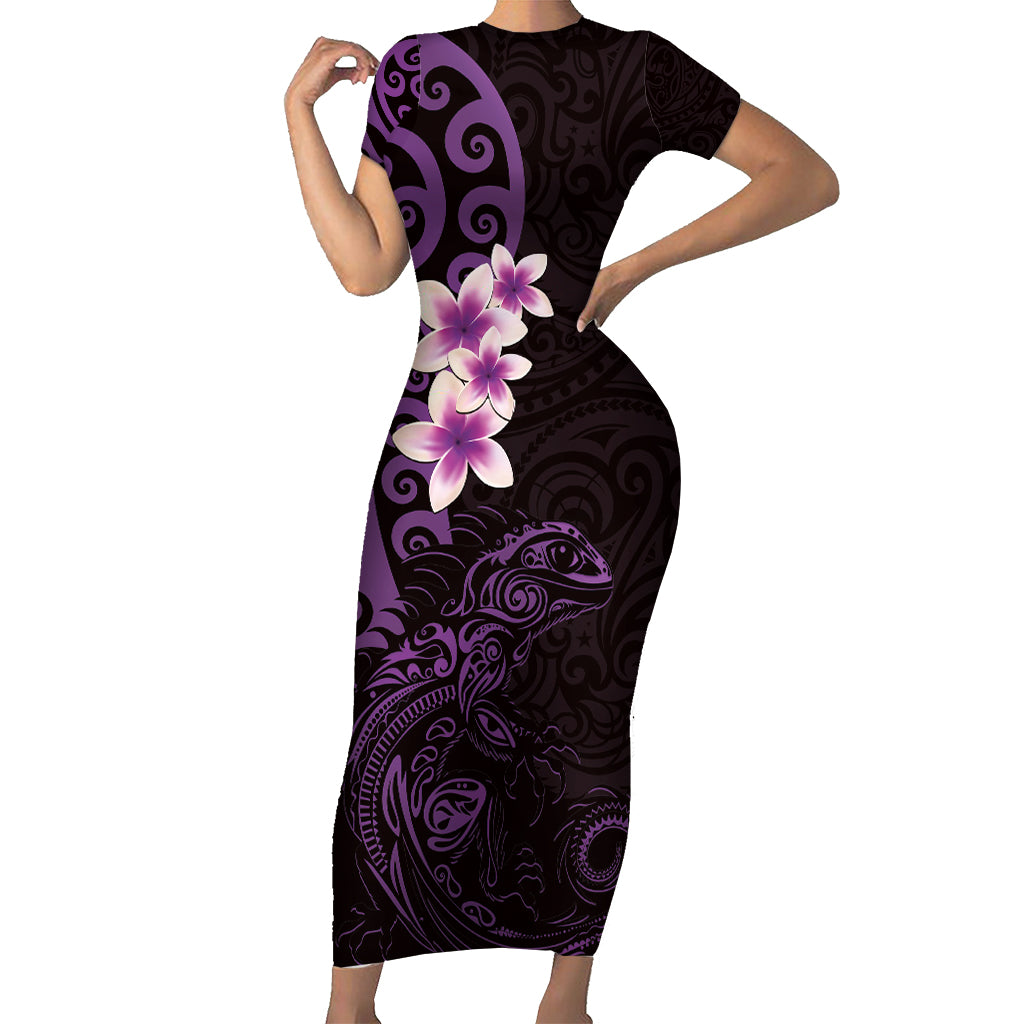 New Zealand Tuatara Plumeria Family Matching Short Sleeve Bodycon Dress and Hawaiian Shirt Maori Purple Koru Tribal Tattoo LT01 Mom's Dress Purple - Polynesian Pride