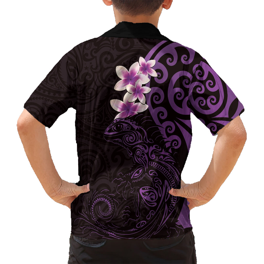 New Zealand Tuatara Plumeria Family Matching Summer Maxi Dress and Hawaiian Shirt Maori Purple Koru Tribal Tattoo LT01 - Polynesian Pride