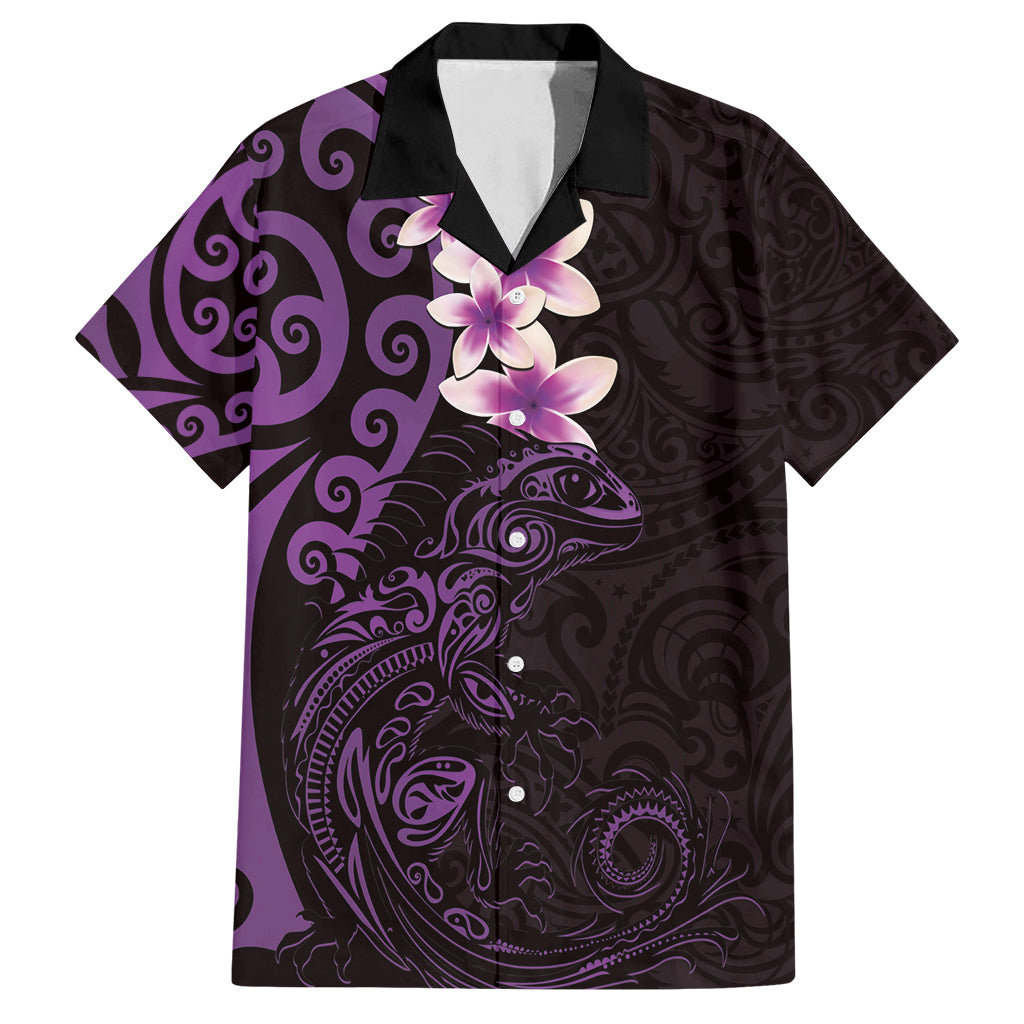 New Zealand Tuatara Plumeria Family Matching Tank Maxi Dress and Hawaiian Shirt Maori Purple Koru Tribal Tattoo LT01 Dad's Shirt - Short Sleeve Purple - Polynesian Pride