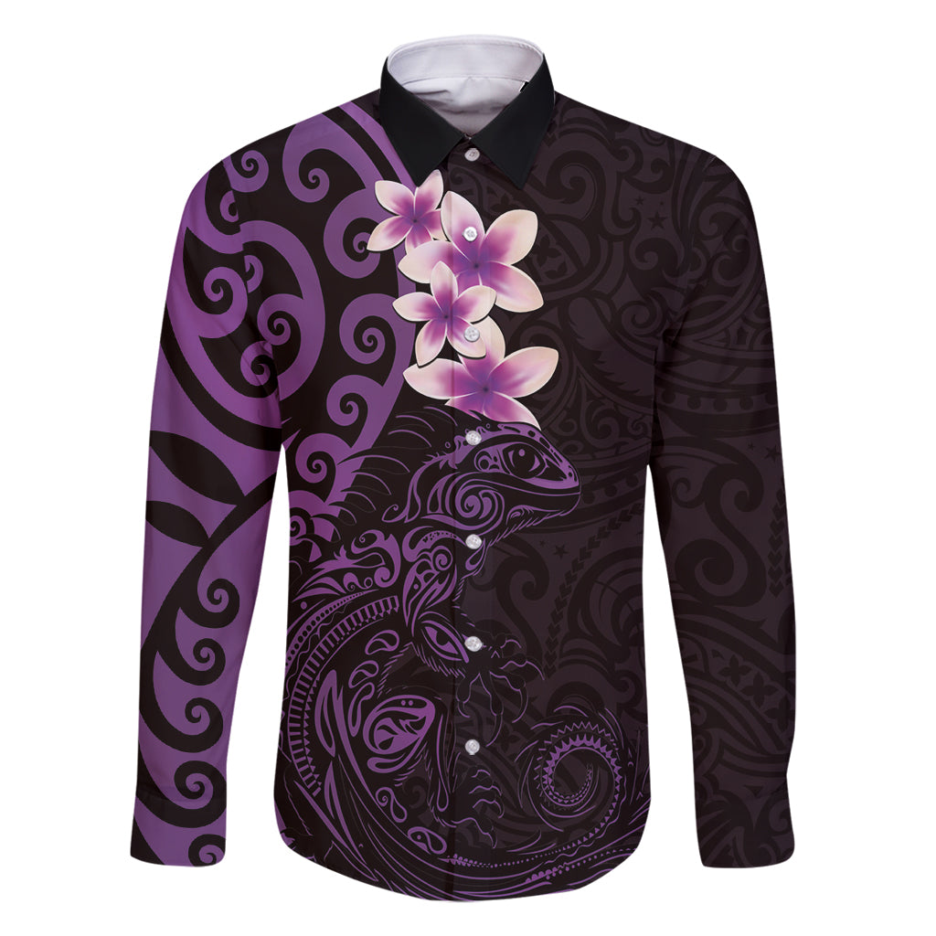 New Zealand Tuatara Plumeria Family Matching Tank Maxi Dress and Hawaiian Shirt Maori Purple Koru Tribal Tattoo LT01 Dad's Shirt - Long Sleeve Purple - Polynesian Pride