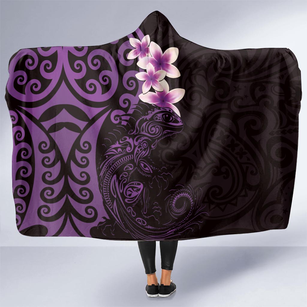 New Zealand Tuatara Plumeria Hooded Blanket Maori Purple Koru Tribal Tattoo