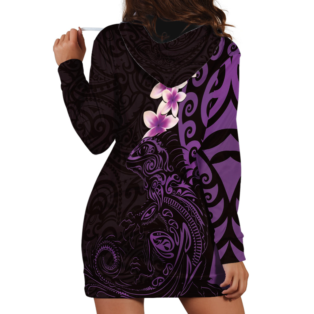 New Zealand Tuatara Plumeria Hoodie Dress Maori Purple Koru Tribal Tattoo