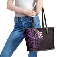New Zealand Tuatara Plumeria Leather Tote Bag Maori Purple Koru Tribal Tattoo LT01 - Polynesian Pride