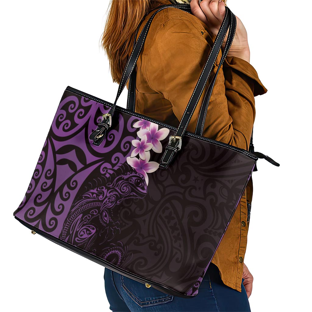 New Zealand Tuatara Plumeria Leather Tote Bag Maori Purple Koru Tribal Tattoo LT01 - Polynesian Pride