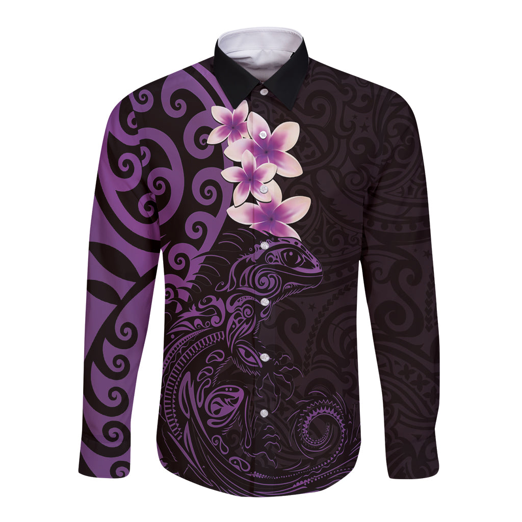 New Zealand Tuatara Plumeria Long Sleeve Button Shirt Maori Purple Koru Tribal Tattoo