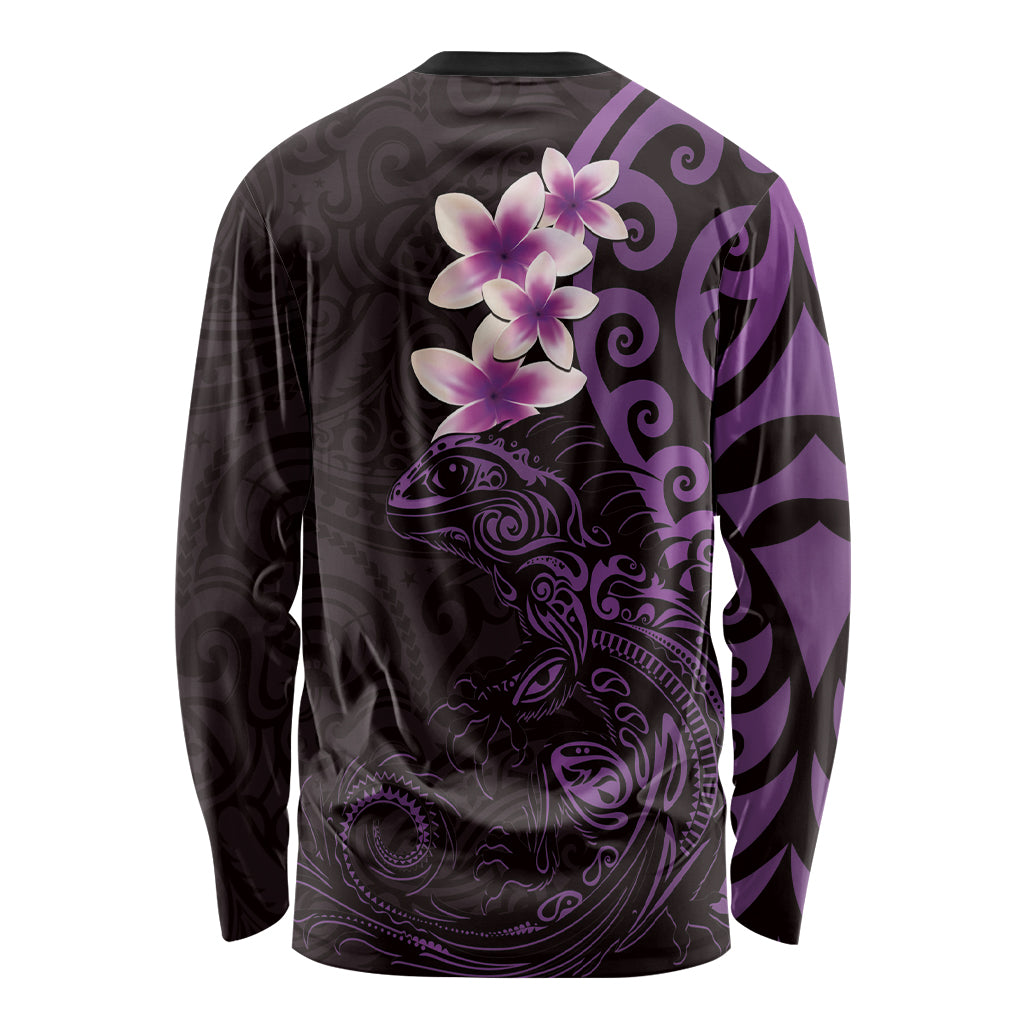 New Zealand Tuatara Plumeria Long Sleeve Shirt Maori Purple Koru Tribal Tattoo