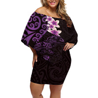 New Zealand Tuatara Plumeria Off Shoulder Short Dress Maori Purple Koru Tribal Tattoo