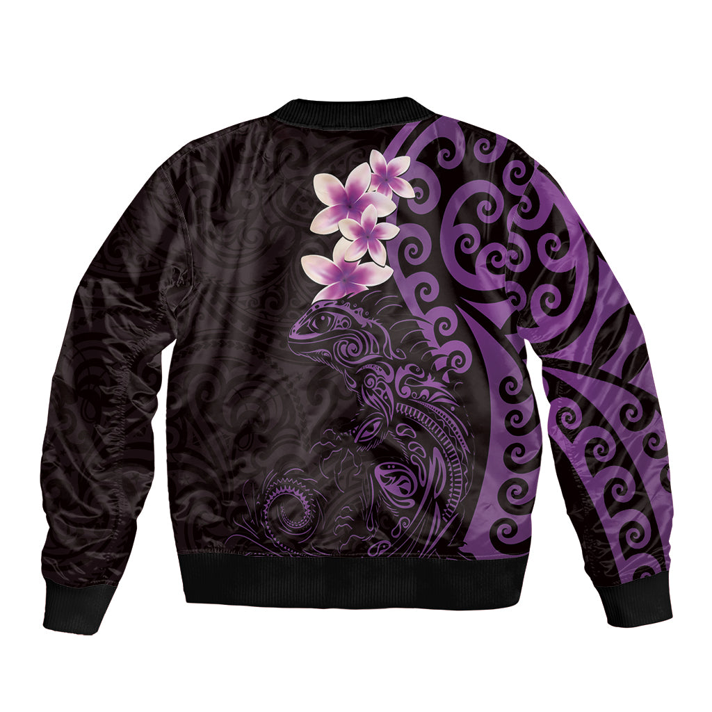 New Zealand Tuatara Plumeria Sleeve Zip Bomber Jacket Maori Purple Koru Tribal Tattoo
