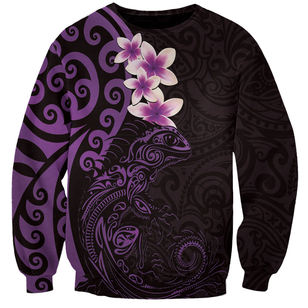 New Zealand Tuatara Plumeria Sweatshirt Maori Purple Koru Tribal Tattoo LT01 Unisex Purple - Polynesian Pride