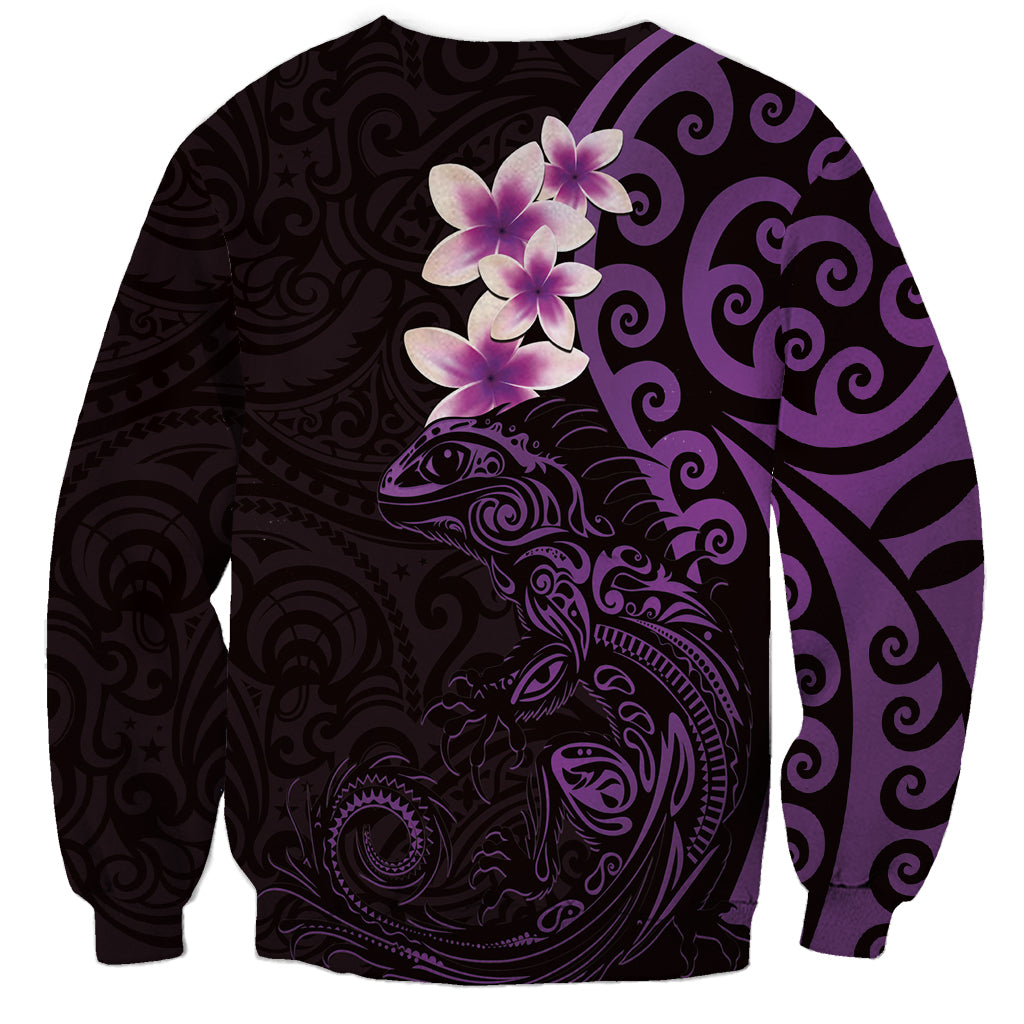 New Zealand Tuatara Plumeria Sweatshirt Maori Purple Koru Tribal Tattoo LT01 - Polynesian Pride