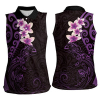 New Zealand Tuatara Plumeria Women Sleeveless Polo Shirt Maori Purple Koru Tribal Tattoo