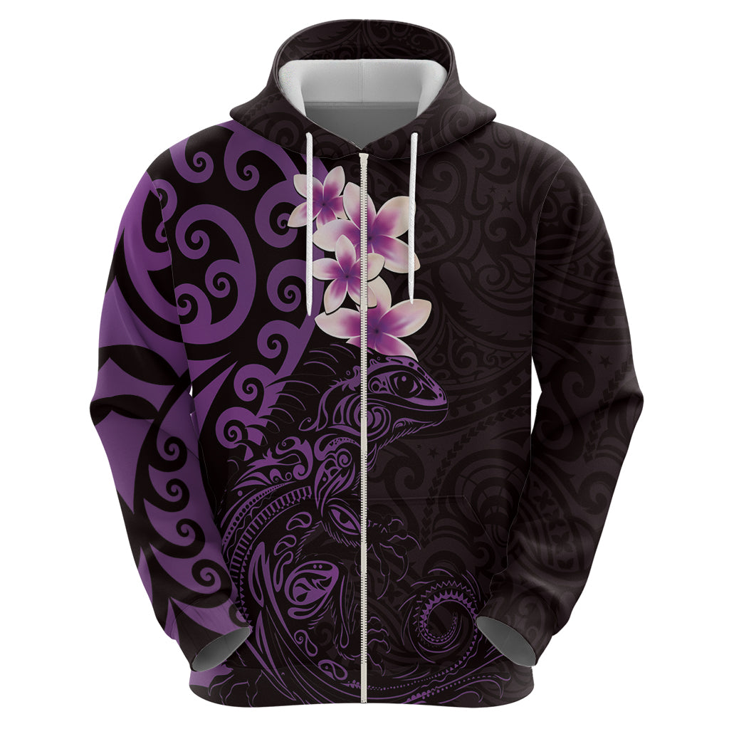 New Zealand Tuatara Plumeria Zip Hoodie Maori Purple Koru Tribal Tattoo