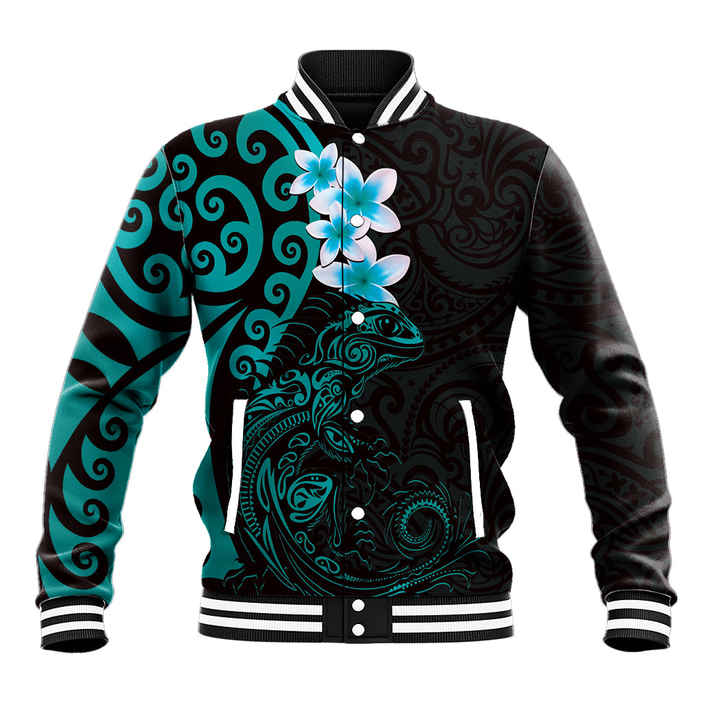 New Zealand Tuatara Plumeria Baseball Jacket Maori Teal Koru Tribal Tattoo LT01 Unisex Teal - Polynesian Pride