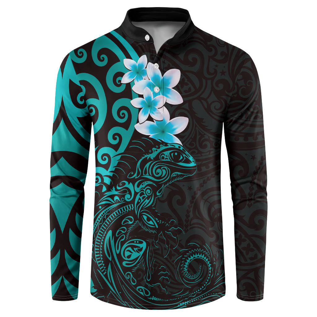New Zealand Tuatara Plumeria Button Sweatshirt Maori Teal Koru Tribal Tattoo LT01 Teal - Polynesian Pride